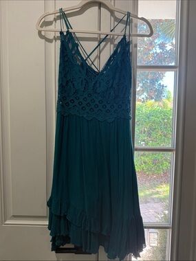 Teal Crochet Bodice Spaghetti Strap Mini Dress - Women